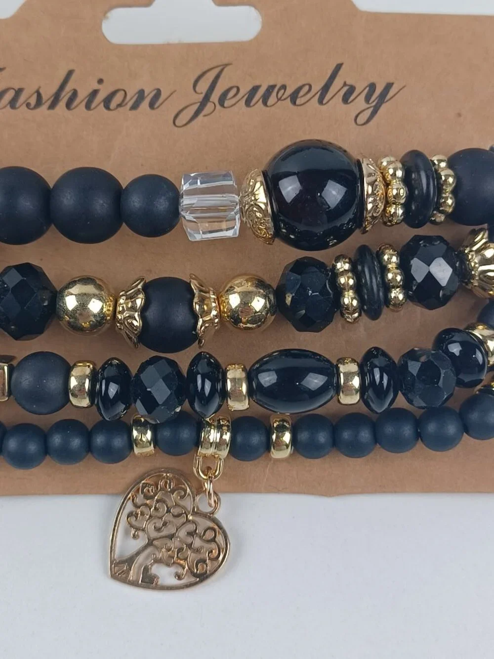 4-Piece Bohemian Beaded Bracelet Set - Black Heart & Tree Pendants
